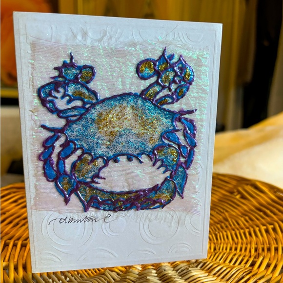 🦀♋️Hand painted sparking blue crab on fabric greeting card - Picture 1 of 5